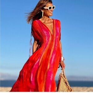 Tie-dye midi dress with beaded appliqués and sleeveless V-neck from ZARA WOMAN